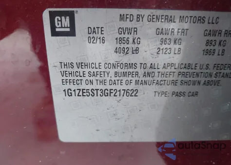 2016 Chevrolet Malibu 1Lt from USA, damaged, VIN 1G1ZE5ST3GF217622